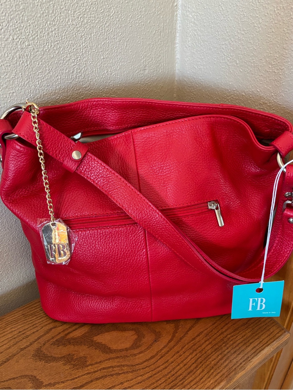 FB leather multi zip/pocket bag / tote  11x 15 inches